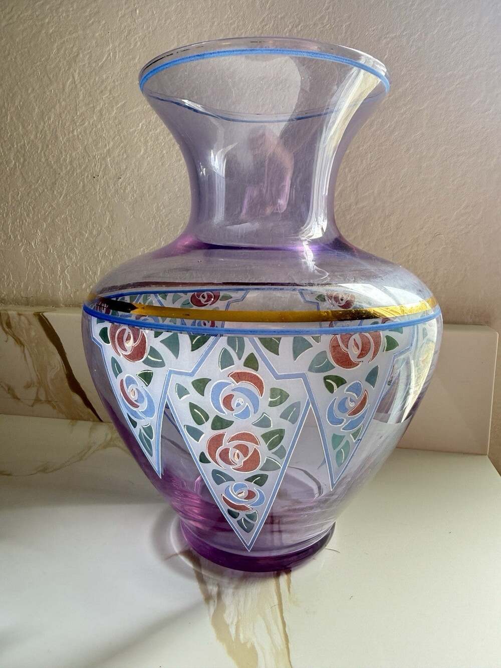 Neodymium Purple MCM Glass Vase Geometric Design Purple 10x5” " Gold Guild